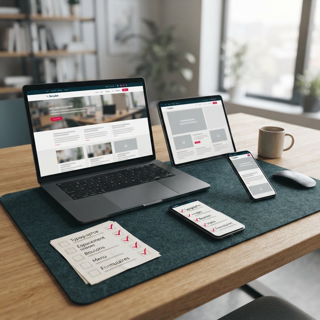 Site web testé simultanément sur ordinateur, tablette et smartphone.